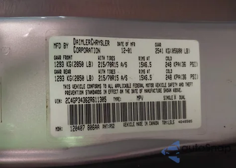 2002 Chrysler Town & Country El from USA, damaged, VIN 2C4GP34362R611305